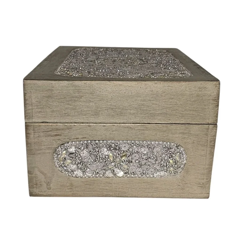 Sparkly Jewlery Box Silver With Sequins & Rhinestones Lightweight Wood 7 x 5 x 3
